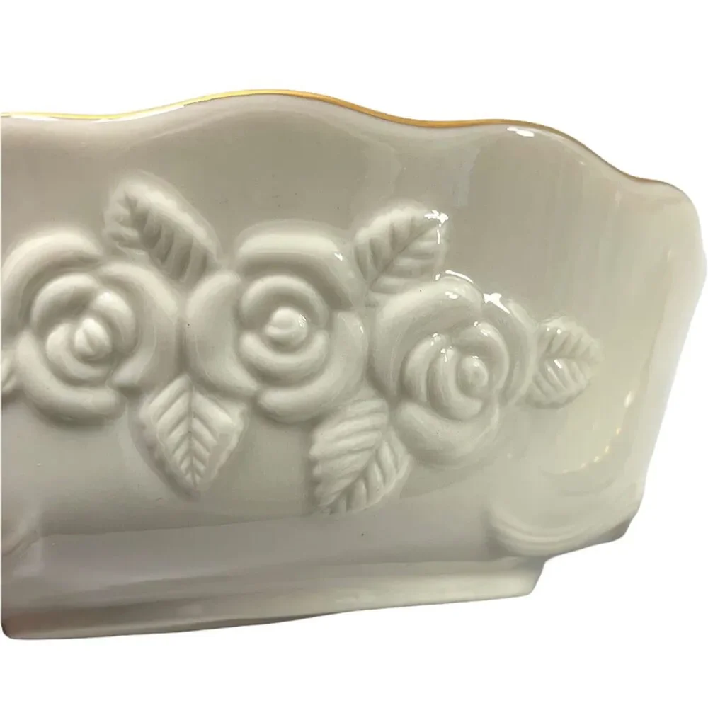 2 Lenox Bowls Ivory Embossed Rose Floral Scalloped Edge Handcraft‎ Goldtone Trim